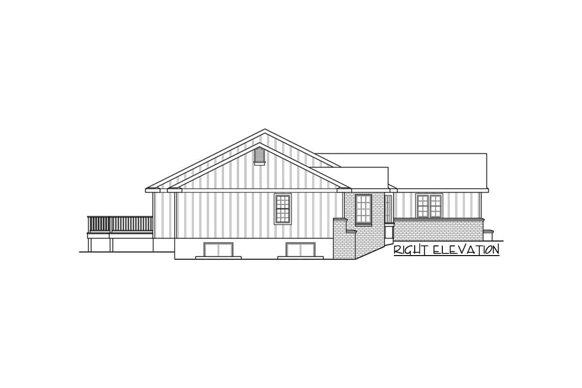 Right elevation drawing of a single-story house plan with vertical siding, gabled roof, porch, and deck.