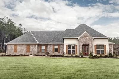 Brick-clad Home Plan with Split Bedrooms and Home Office