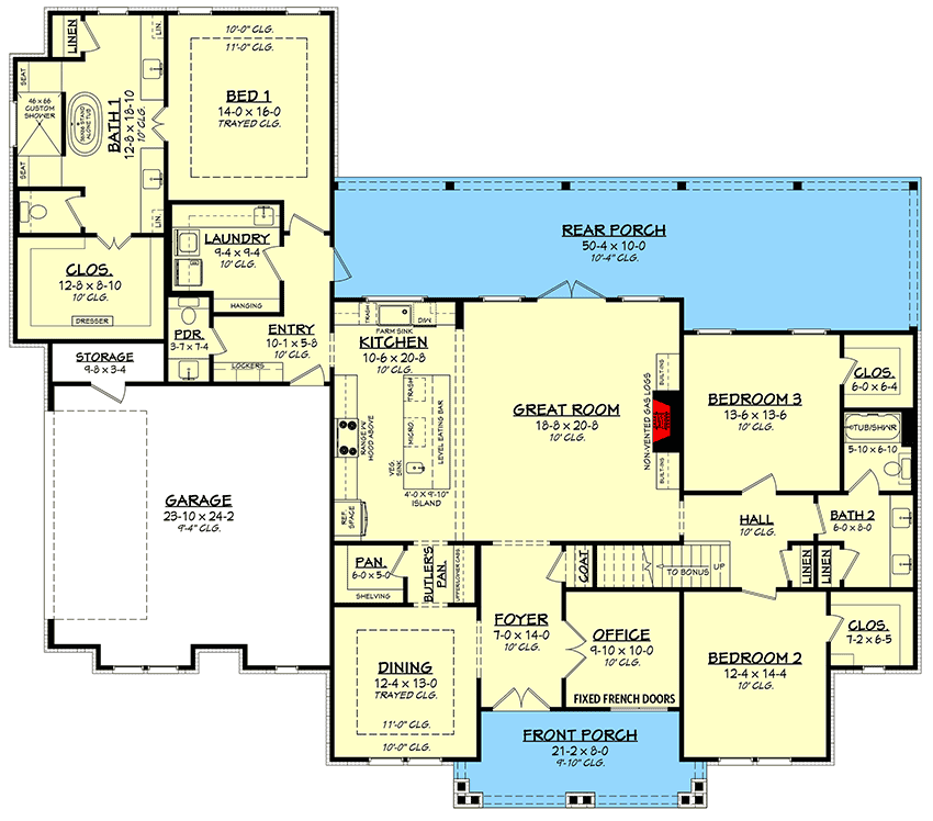 Plan 51858HZ: 3-Bed Modern Farmhouse Plan with Large Optionally Finished Bonus Room Upstairs - Floor Plan - Main Level - Cottage, Country, Farmhouse, Modern Farmhouse, New American, Southern, Traditional