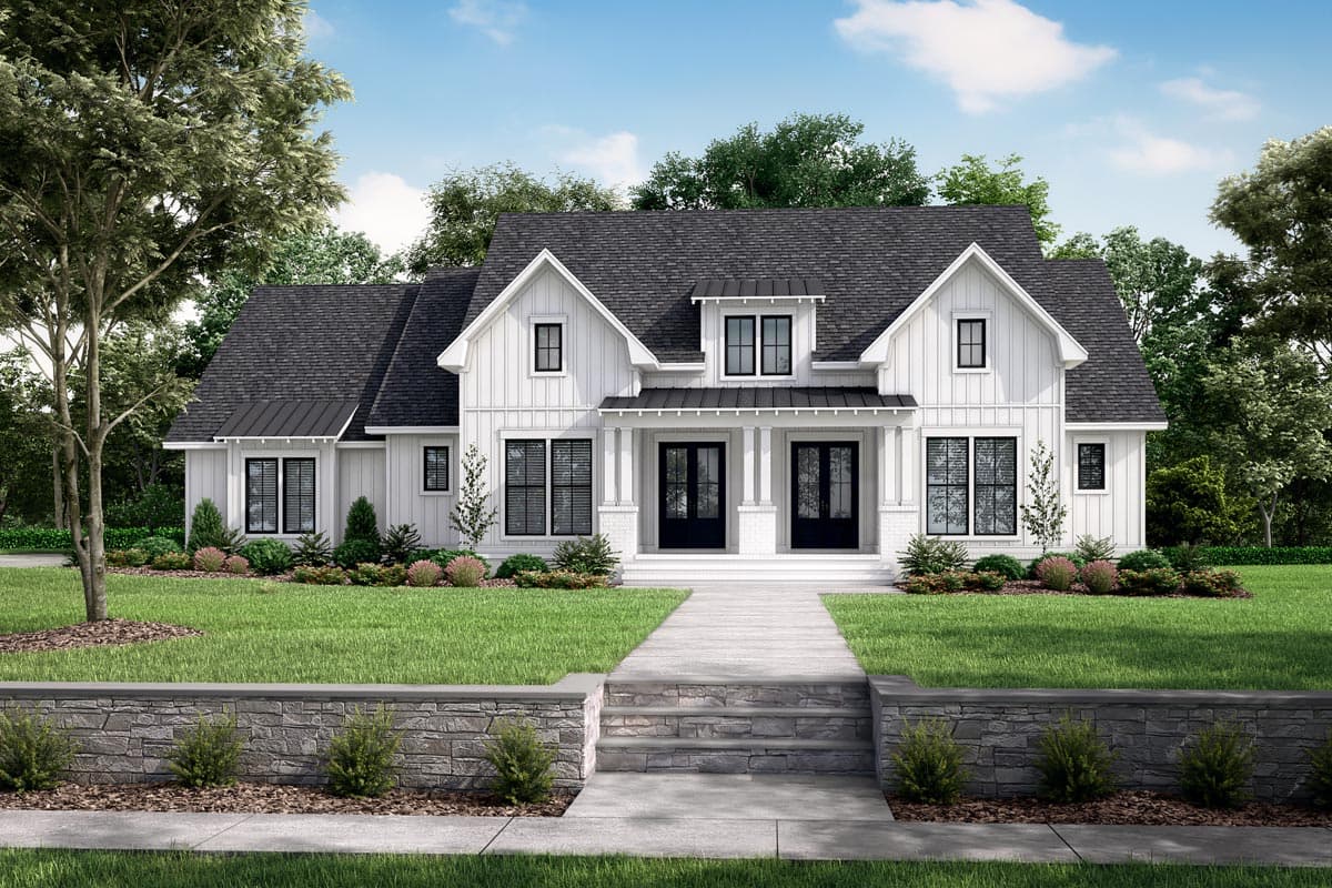 House plan exterior in Modern Farmhouse style with two stories, gabled roof, a front porch with columns, and board-and-batten siding.
