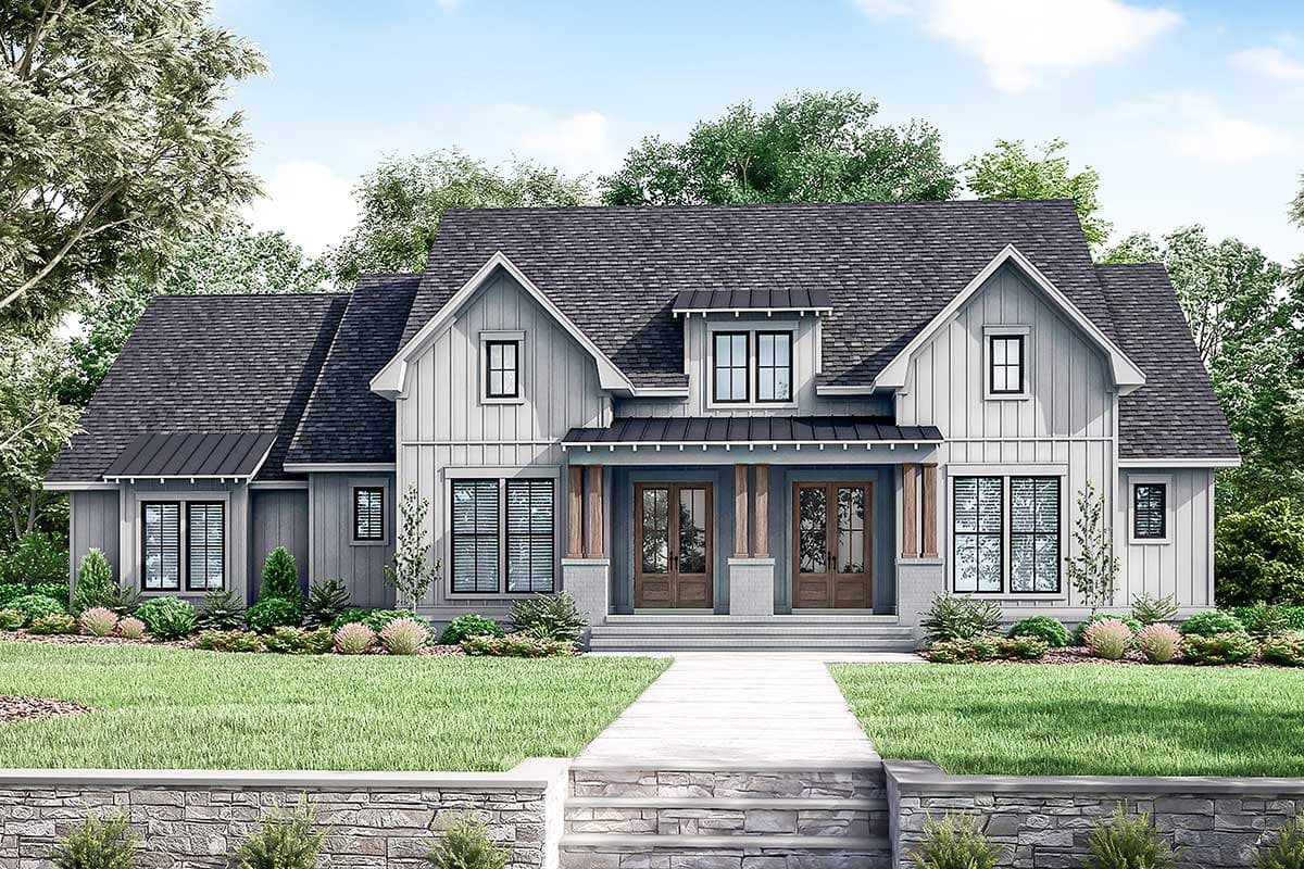 Modern Farmhouse house plan exterior with board and batten siding, metal roof accents, dual gabled dormers, and covered entry.