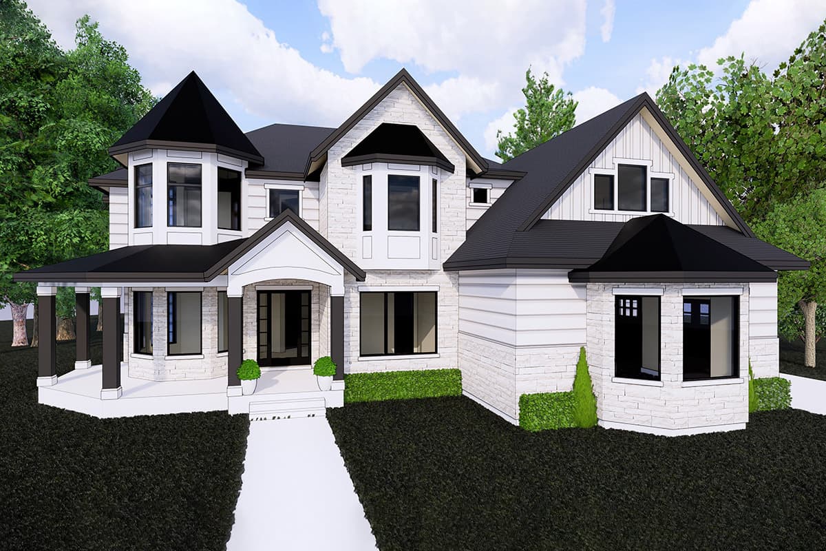 House plan exterior. Two-story home with a porch, gables, and a prominent roofline. Features include a turret and stone veneer accents.