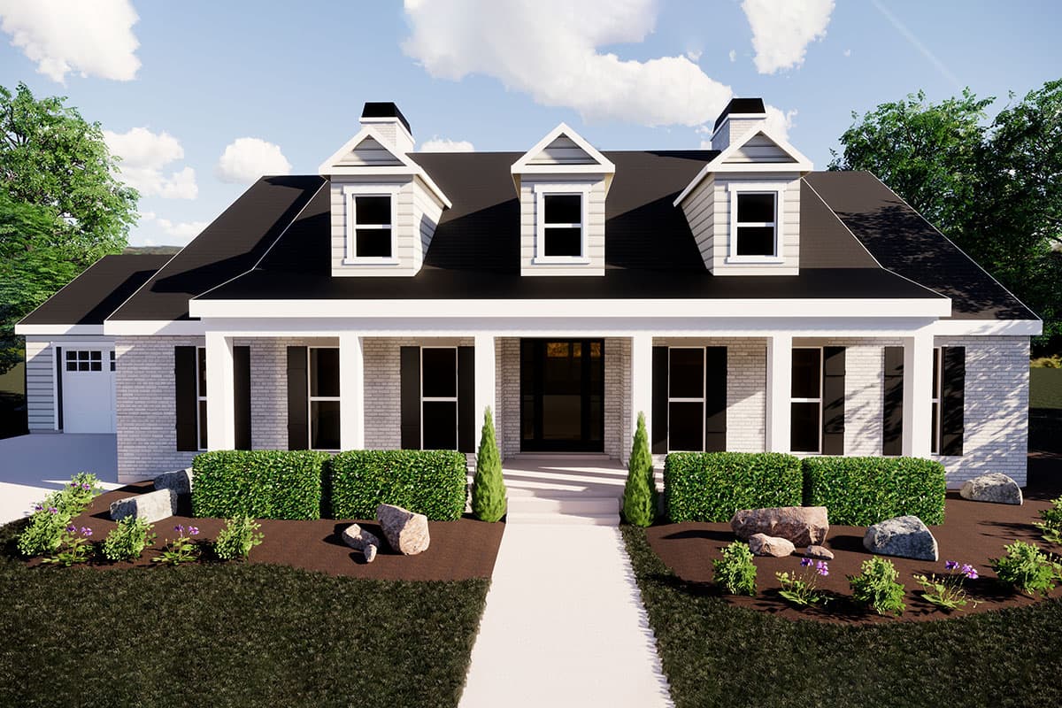 House plan exterior. Two-story Colonial with a front porch, three dormers, and a gabled roofline. Attached garage on the left.