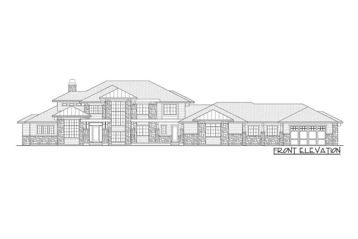 Front elevation drawing of a multi-story house plan with stone accents, prominent gables, and a three-car garage.