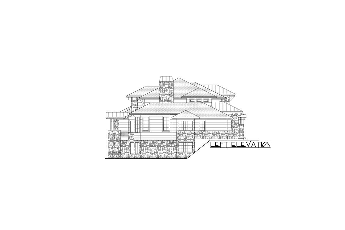 Left elevation drawing of a two-story house plan featuring stone and horizontal siding, a prominent chimney, and varied rooflines.