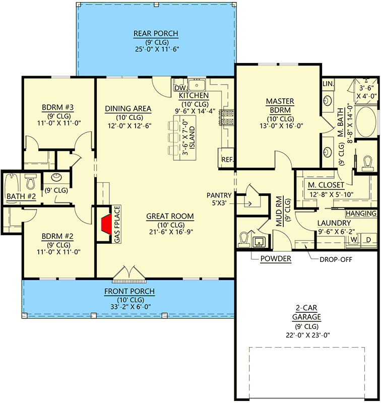 Plan 56502SM: Modest 3-Bed Modern Farmhouse with a Split Bedroom Layout - Floor Plan - Main Level - Country, Modern Farmhouse, Traditional