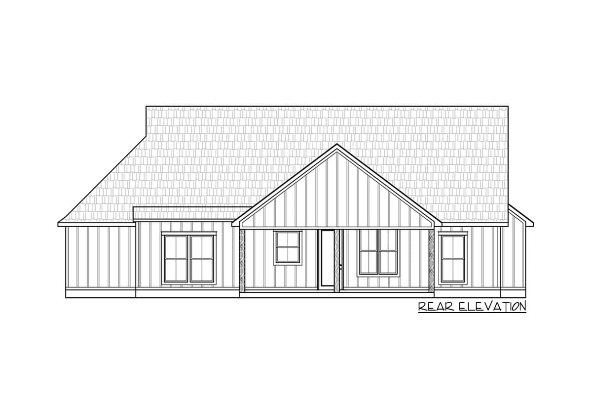 Rear elevation drawing of a one-story house plan with a covered porch, gabled roof, and board and batten siding.