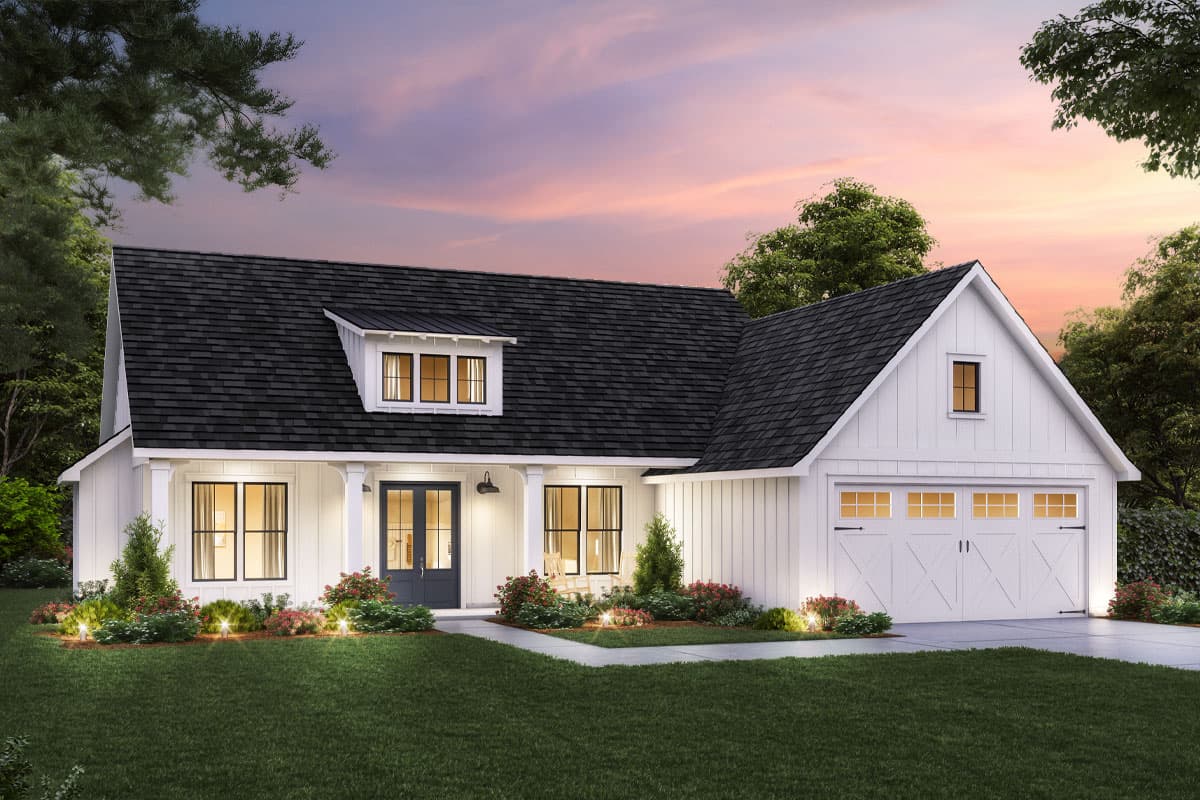 Modern Farmhouse house plan exterior with a front porch, gabled dormer, and a side-entry garage.