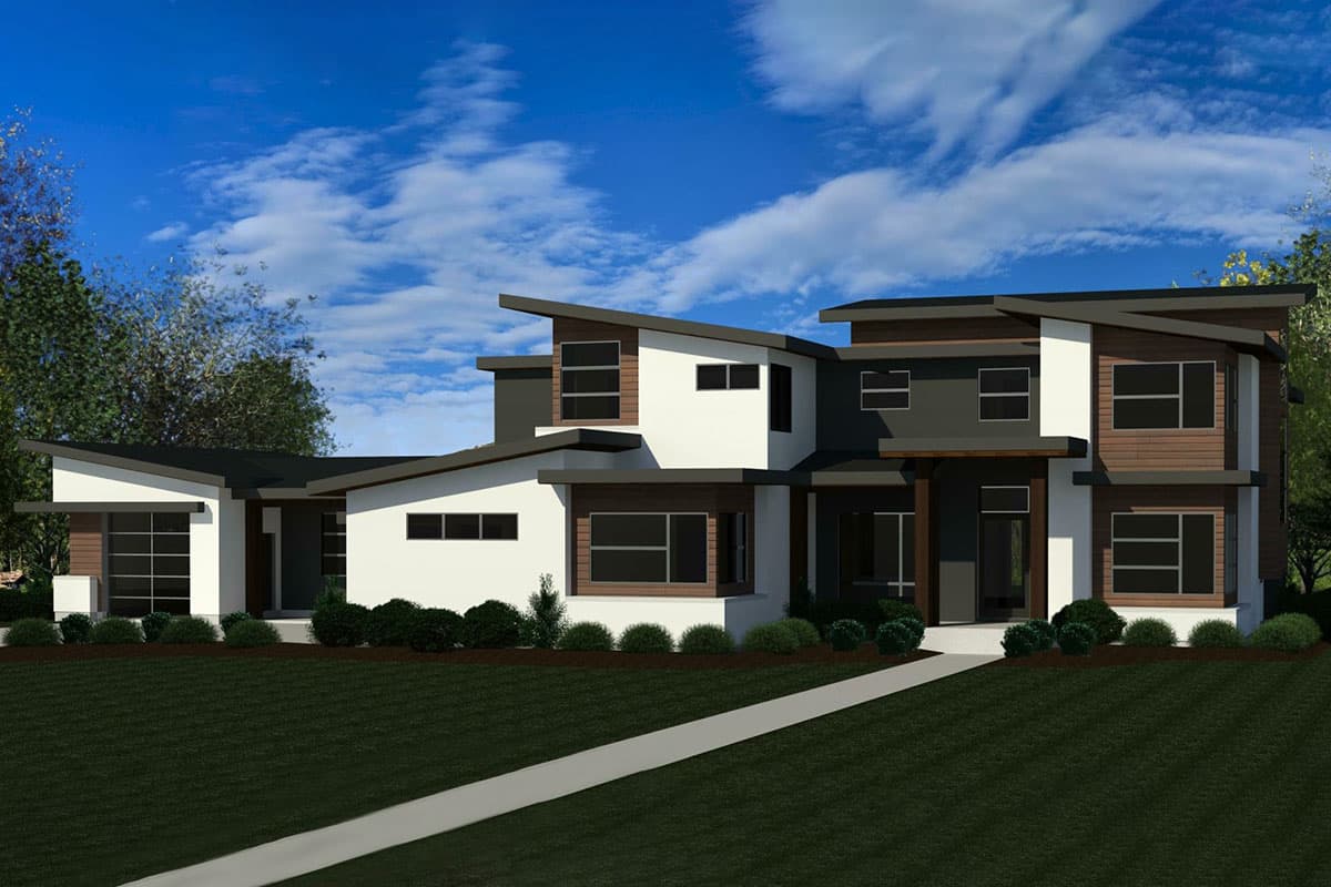 House plan exterior. Modern style, two-story home with flat and angled rooflines. Features include wood panel accents and large windows.