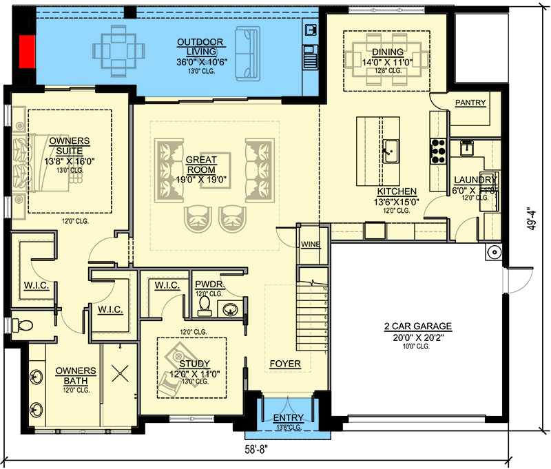 Plan 65635BS: 2-Story Coastal Contemporary House Plan with Study and Main-Floor Owner's Suite - 2803 Sq Ft - Floor Plan - Main Level - Coastal, Coastal Contemporary, Contemporary, European, Florida-Style, Mid Century Modern