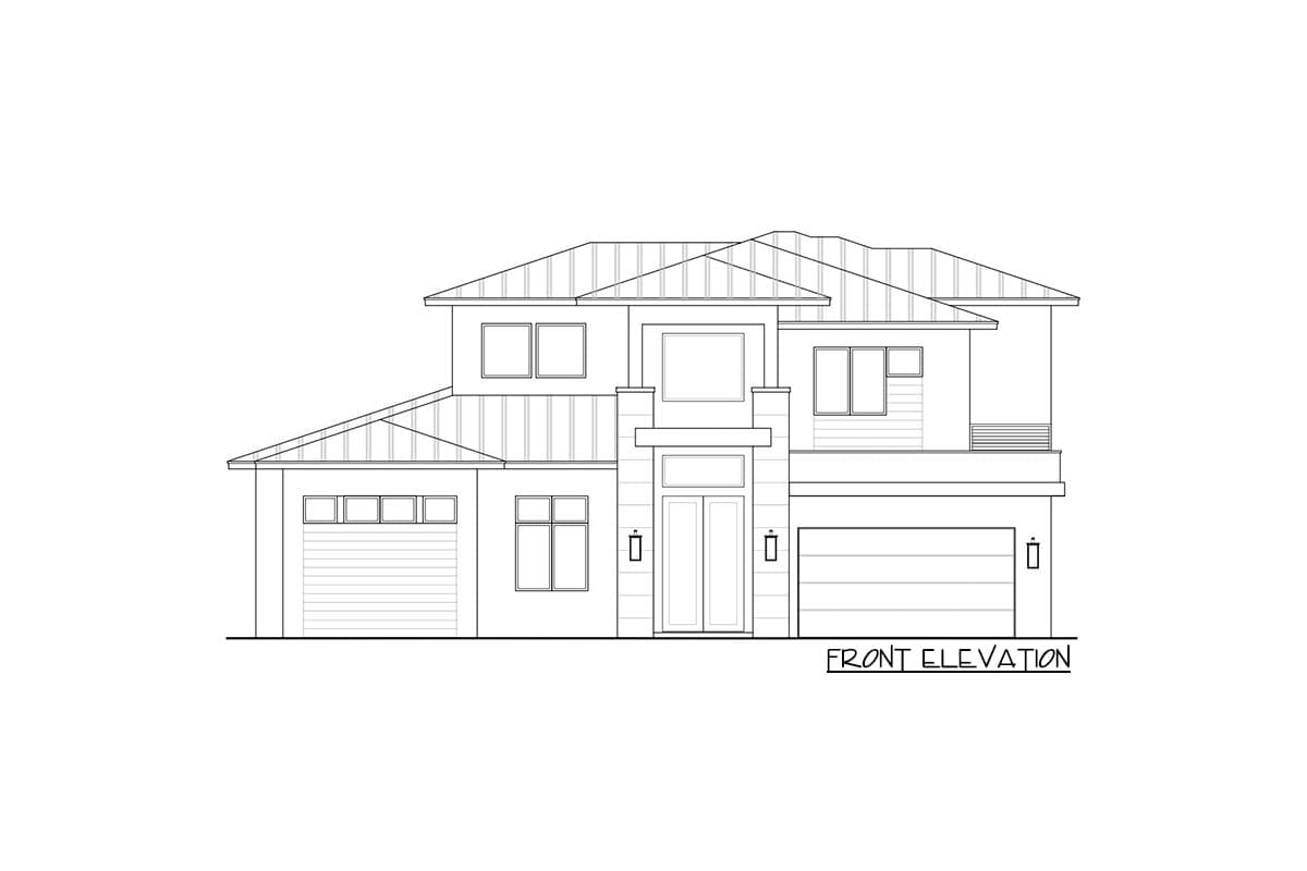 Front elevation drawing of a two-story house plan featuring a prominent entry, multiple gables, and two garage doors.