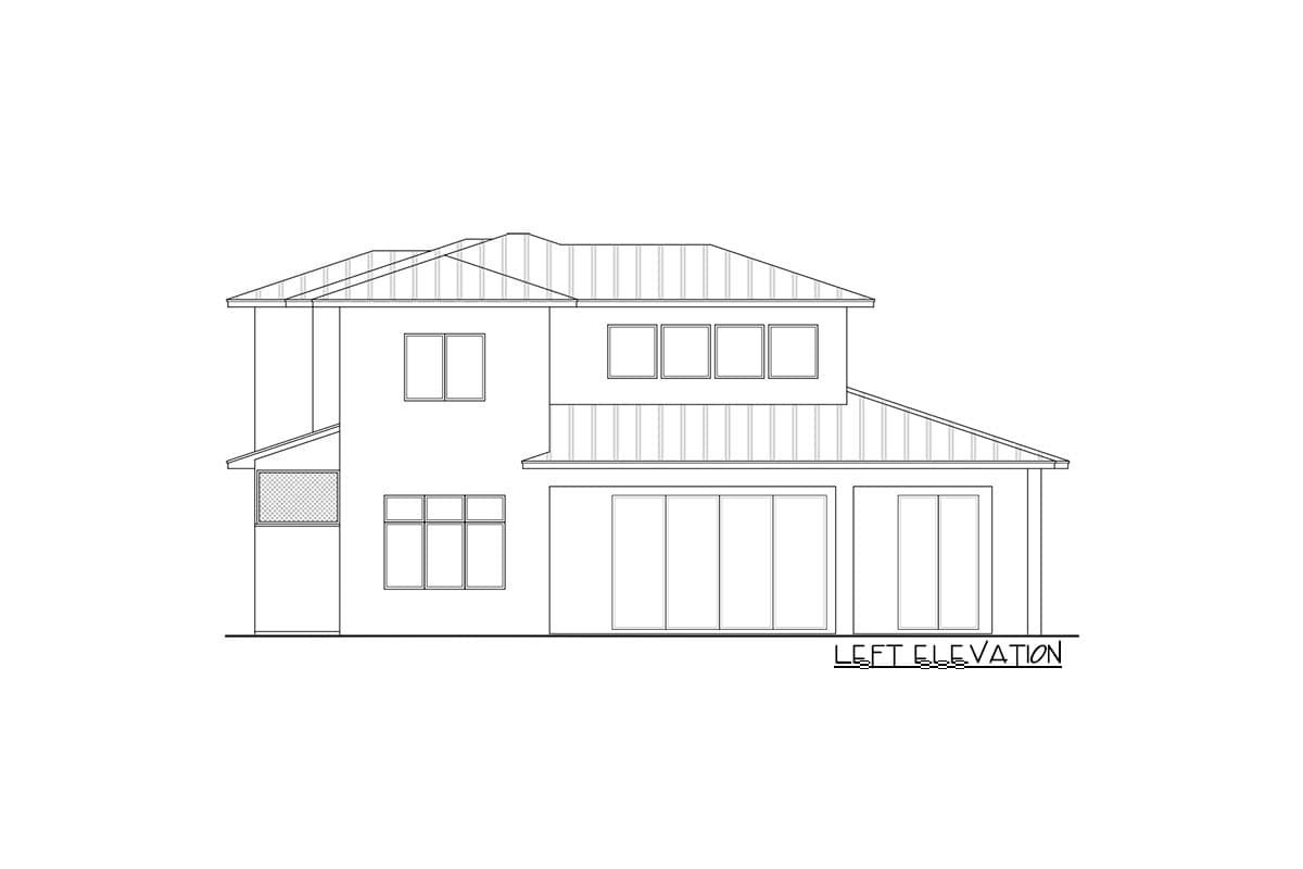 Left elevation drawing of a two-story house with multiple gables, varied window styles, and large sliding doors.