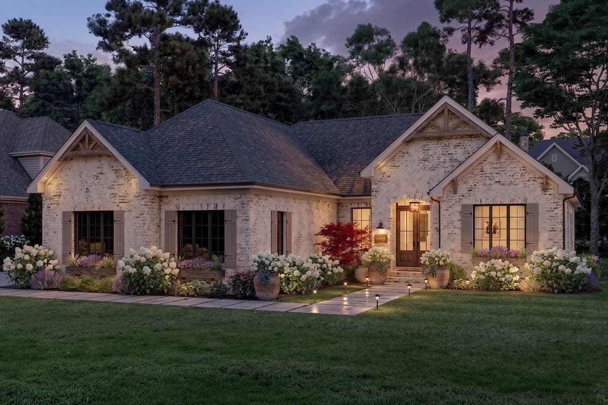 House plan exterior. One-story Modern Farmhouse with gables, window shutters, and a covered front entry. Features include a brick facade.