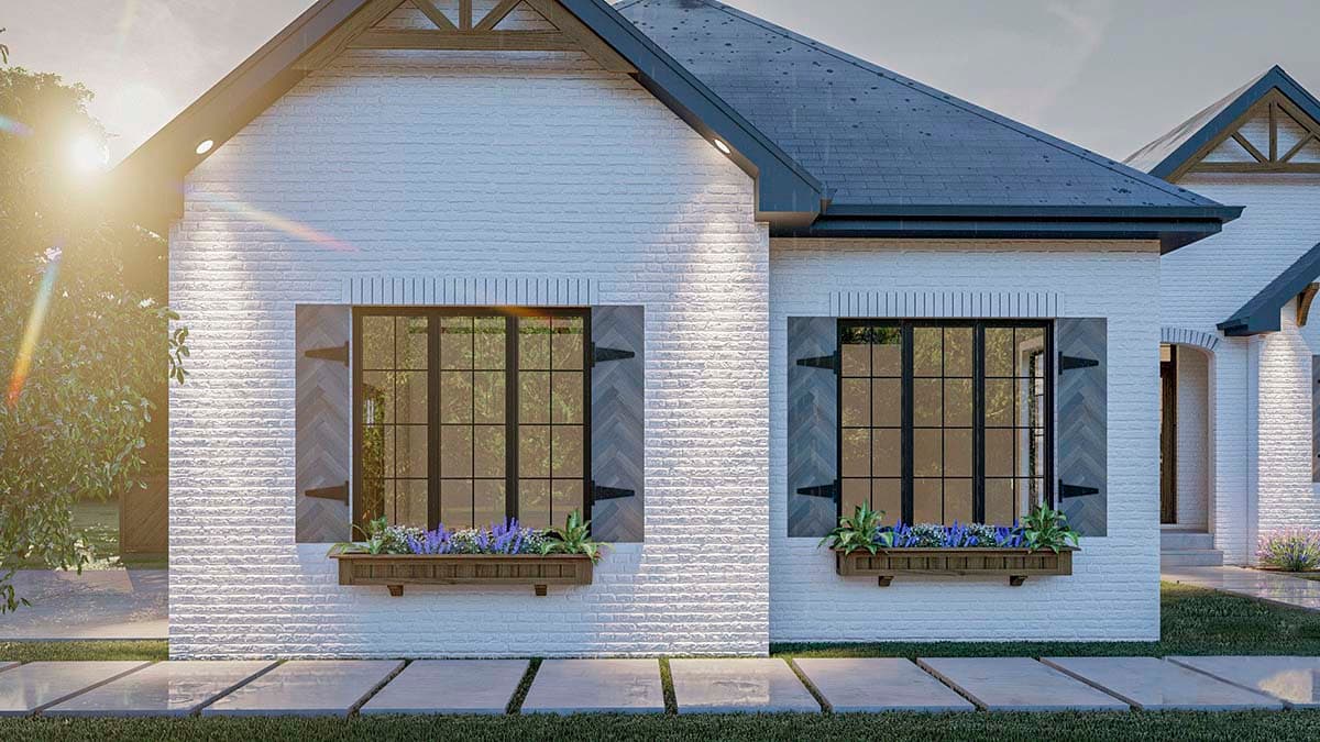 House plan exterior: Modern Farmhouse style, white brick, large windows with decorative shutters, window boxes, and gabled roof.