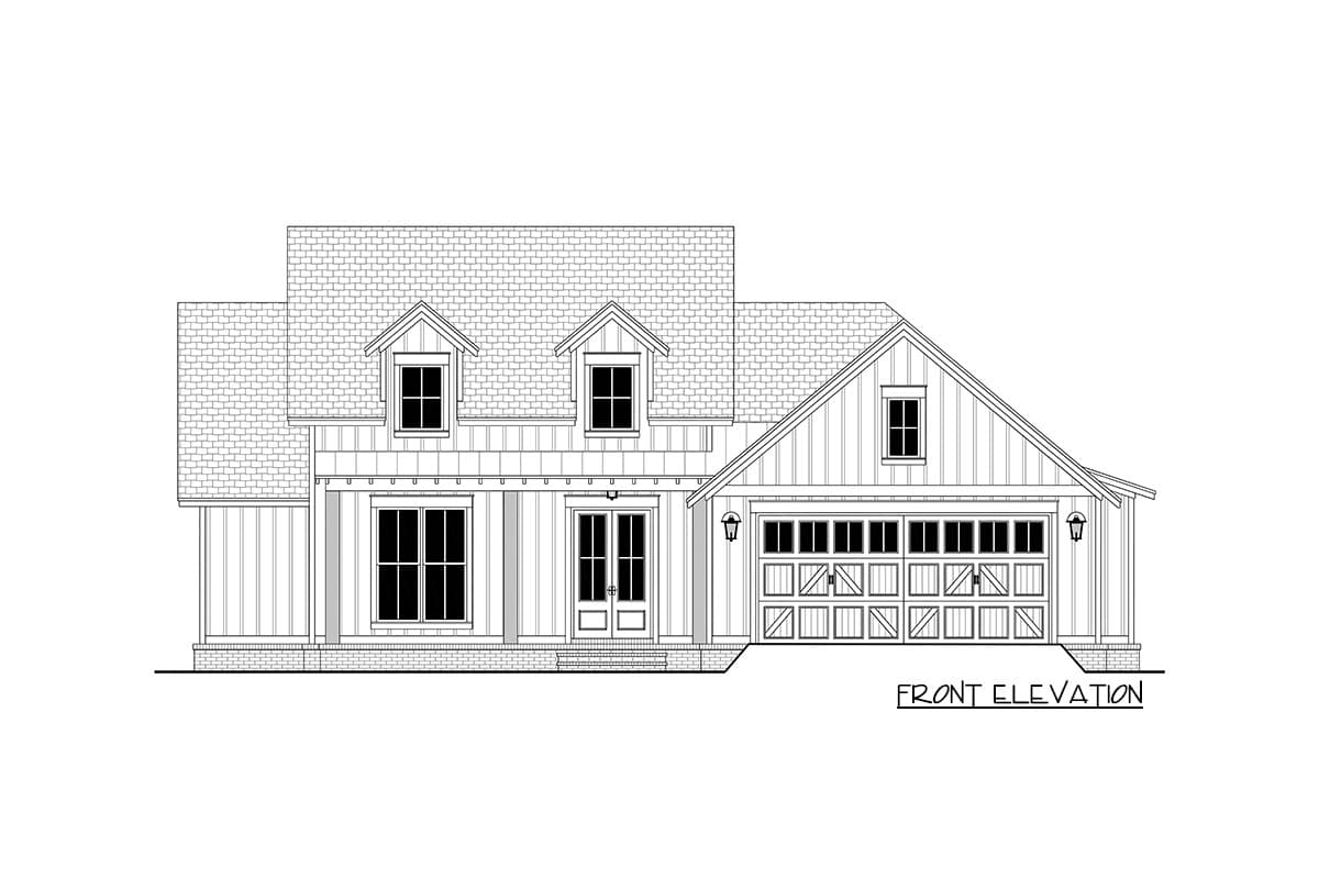 Front elevation drawing of a two-story Modern Farmhouse with dormers, a covered entry, and a two-car garage.