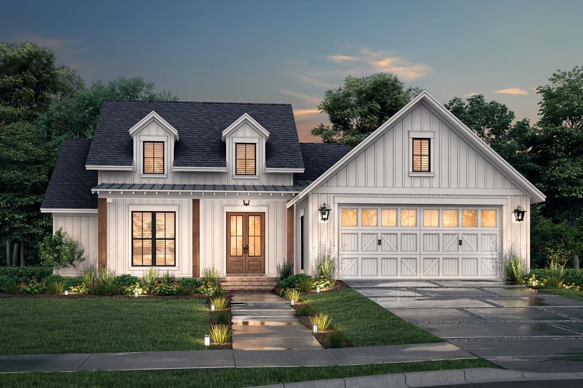 Modern Farmhouse house plan exterior with two dormers, a covered front porch, double garage, and board-and-batten siding.