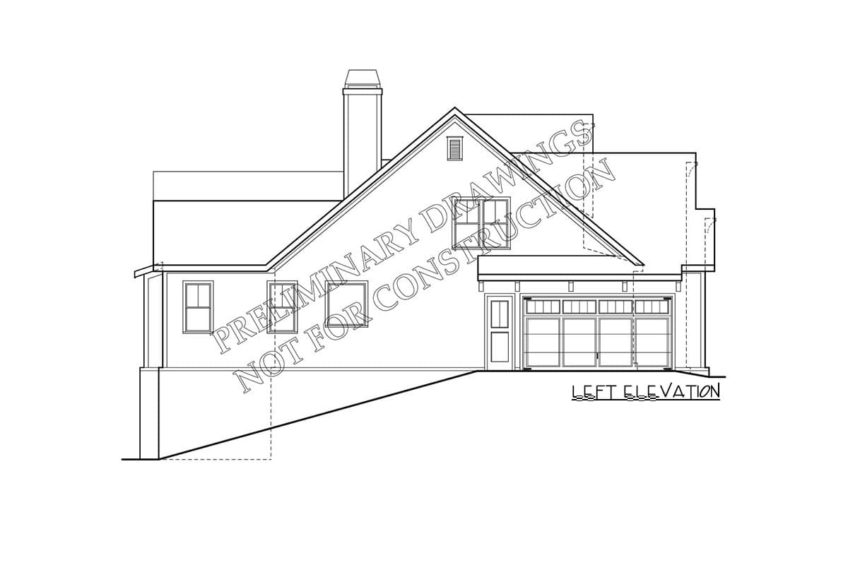 Left elevation architectural drawing showing a house plan with a chimney, gabled roof, garage, and covered entry.