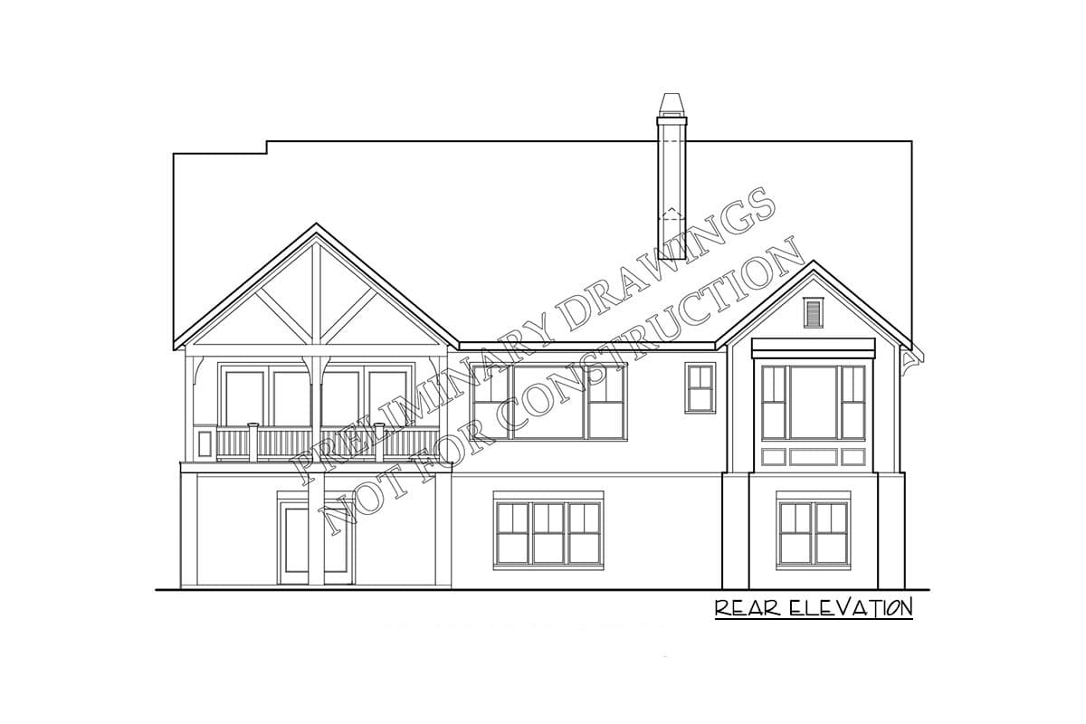 Rear elevation drawing of a two-story house plan with a covered upper balcony, gables, and bay windows.
