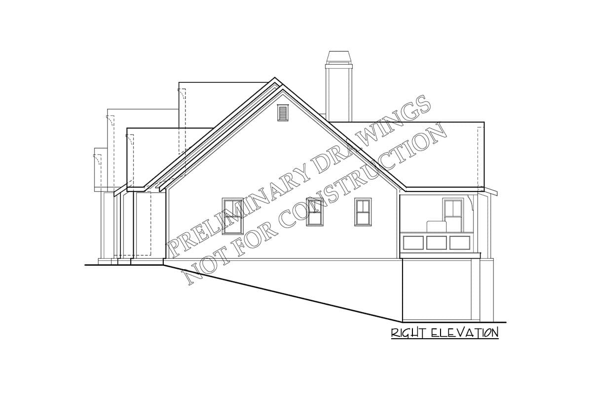 Right elevation drawing of a house plan showing a gable roof, chimney, dormer, and covered porch.
