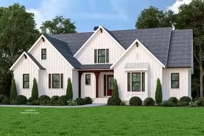 New American Farmhouse Plan with Central Gable and Vaulted Open Concept Layout