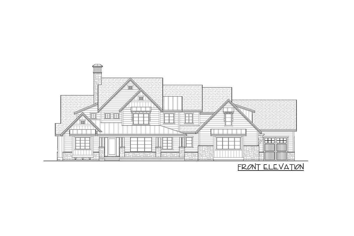 Front elevation house plan with stone base, gabled dormers, wide porch, and attached garage.