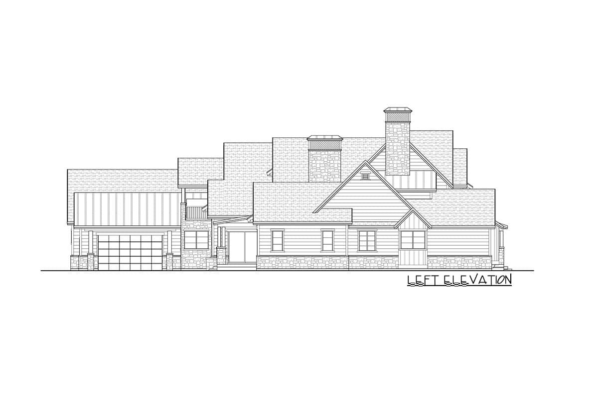 Left elevation of a house plan showing a multi-story home with a gabled roof, stone chimney, dormers, and a two-car garage.