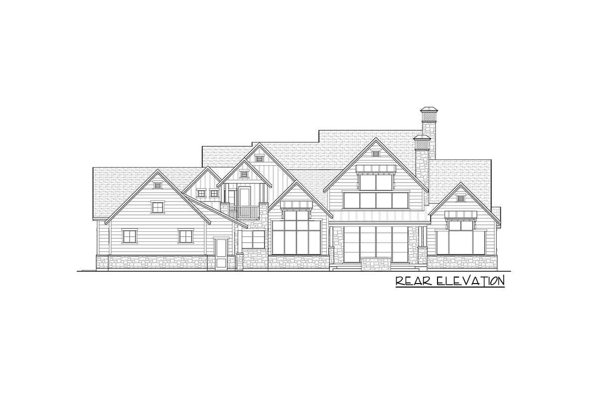 Rear elevation drawing of a multi-story house plan with gables, dormers, a balcony, and stone accents.