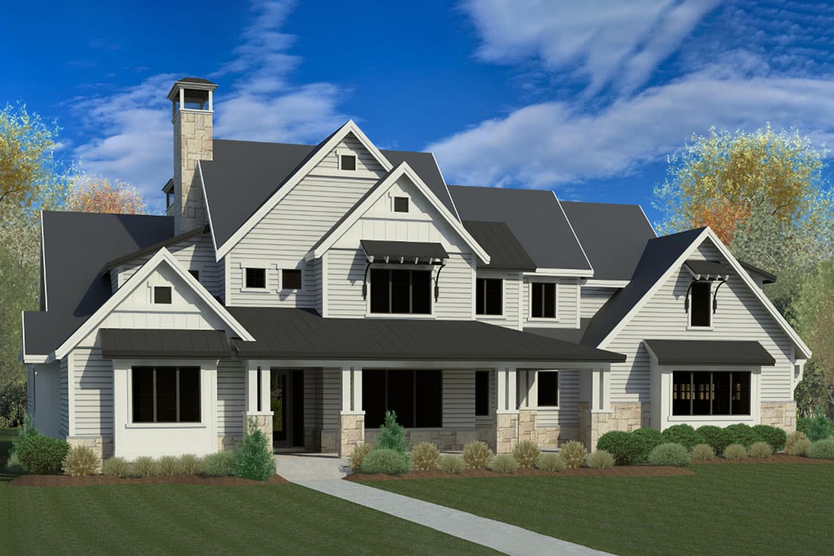 House plan exterior. Two-story Modern Farmhouse with gables, a covered porch, and a stone chimney. Black window accents and roof.