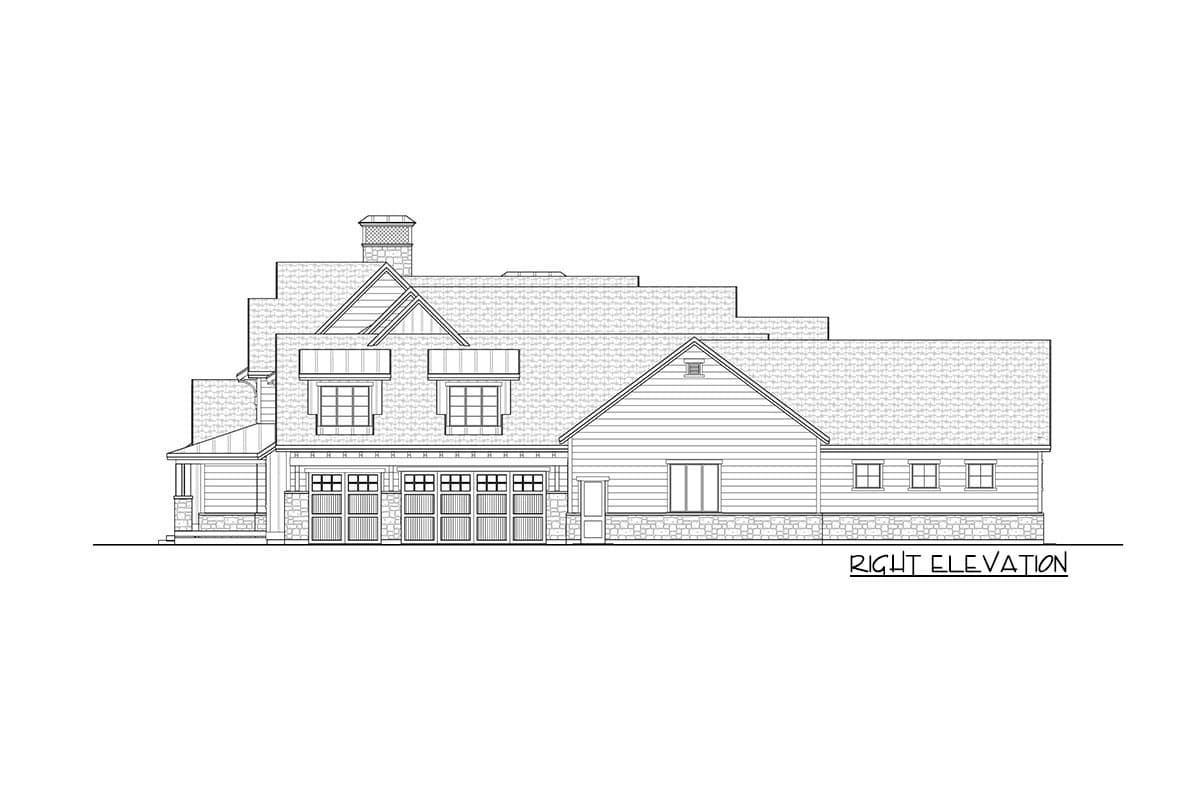 House plan right elevation showing multiple gables, dormers, stone base, and a multi-bay garage.
