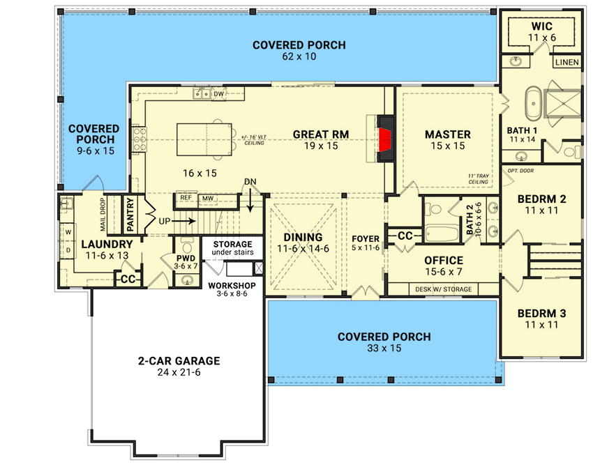 Plan 12320JL: One-Story Farmhouse Plan with Rear Wrap-Around Porch and Bonus Expansion - 2230 Sq Ft - Floor Plan - Main Level - Country, Farmhouse, Modern Farmhouse, New American, Traditional