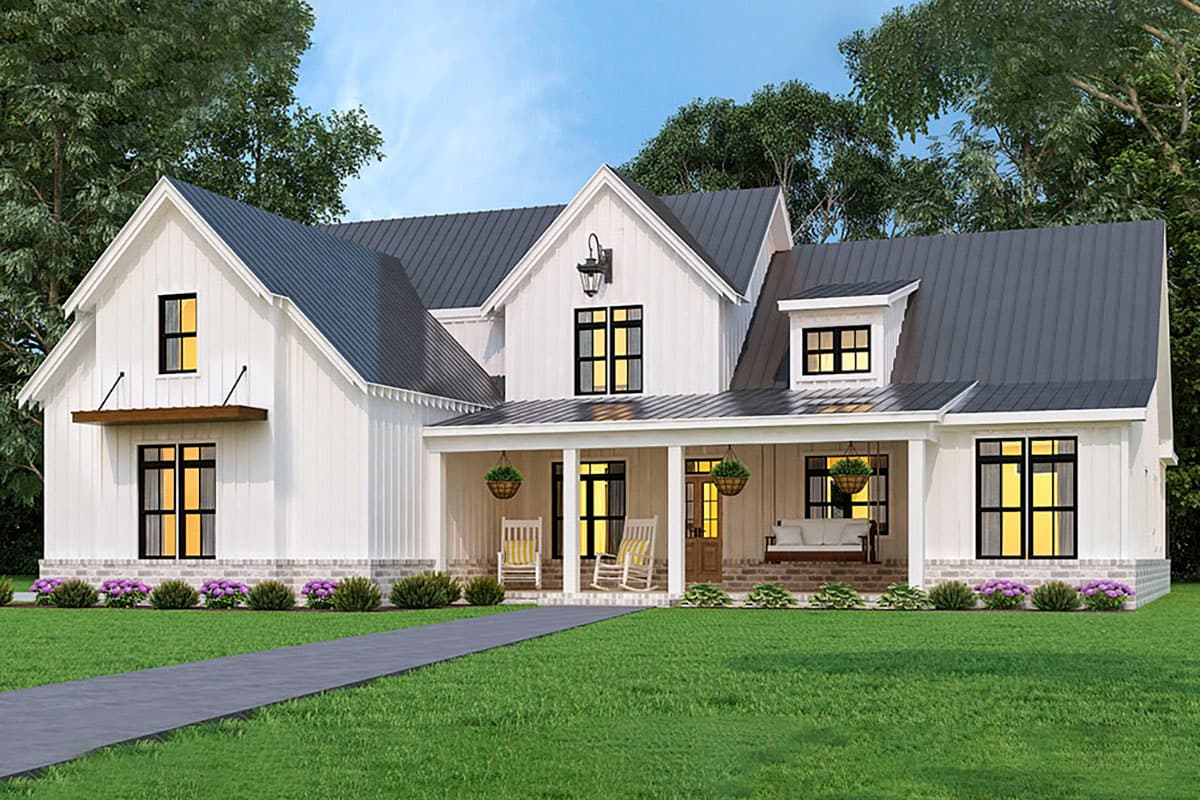 House plan exterior rendering. Modern Farmhouse style with a two-story design. Features include a front porch, multiple gables, and a dark metal roof.