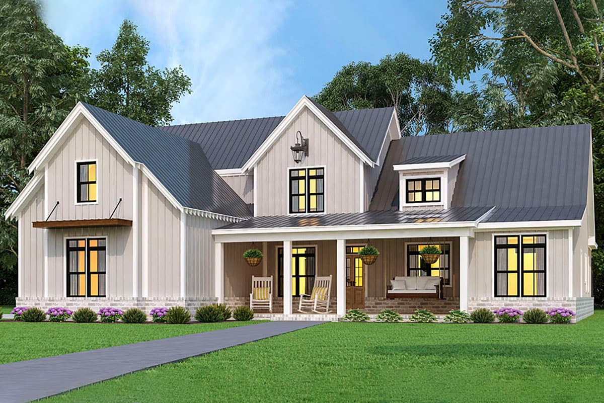 Modern Farmhouse house plan exterior with gables, dormers, metal roof, and covered front porch with swing.