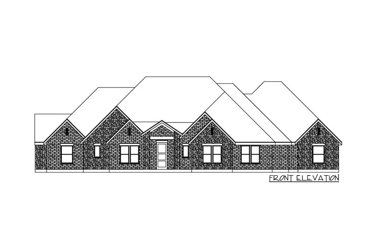 Front elevation drawing of a one-story house with a brick facade, multiple gables, and a central entrance.