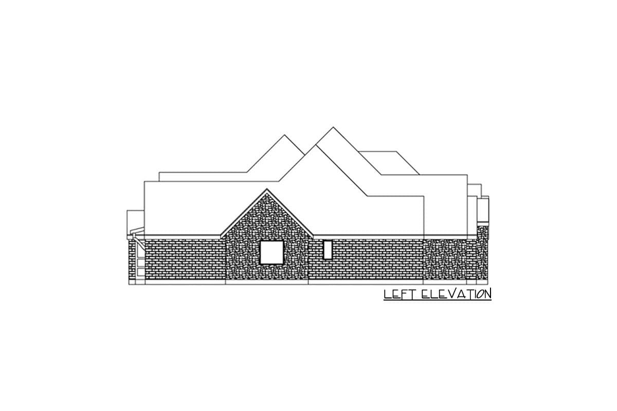 House plan left elevation shows a stone wainscot, gable roof, and varied rooflines.