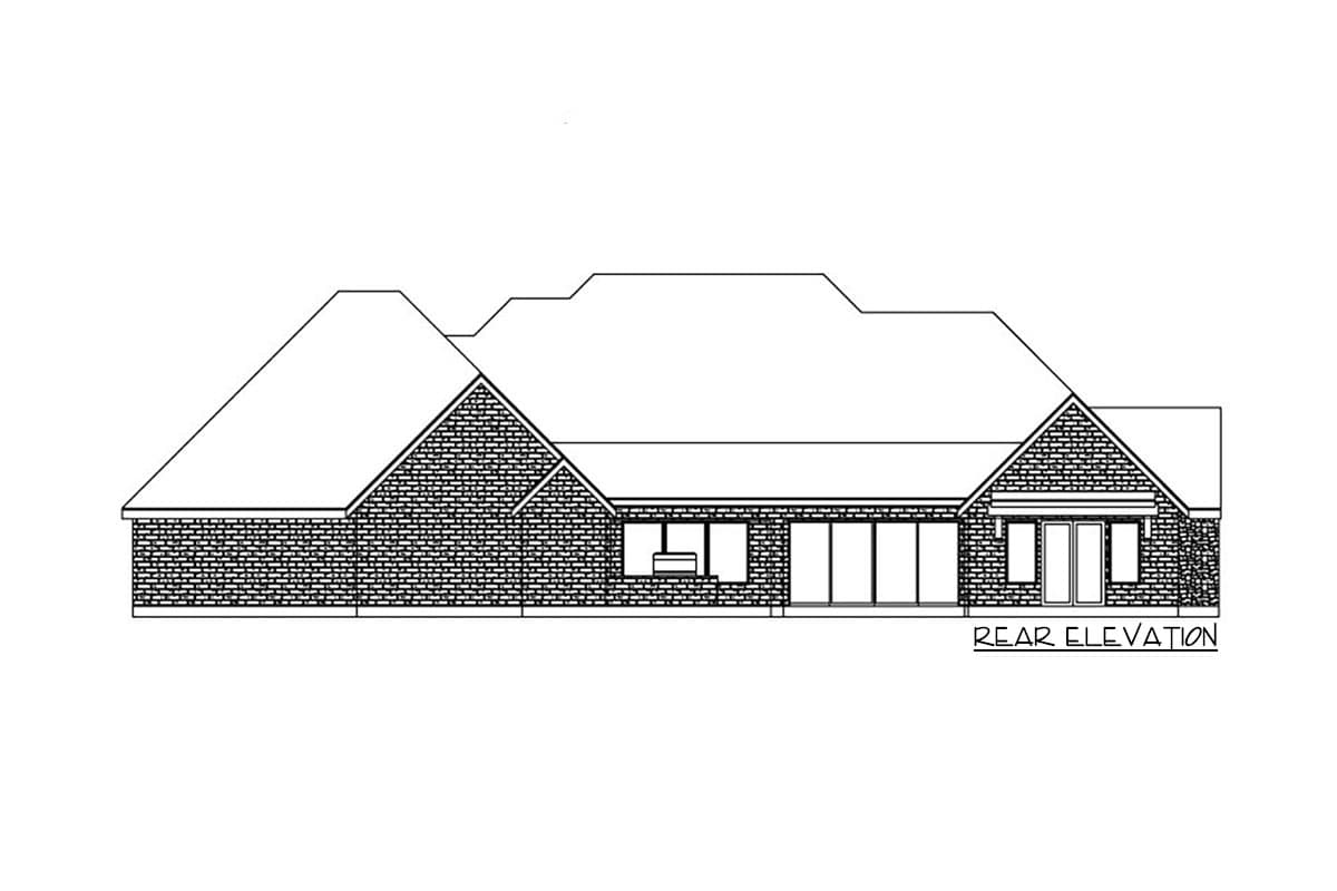 Rear elevation house plan drawing showing gabled rooflines, brick facade, and glass doors.