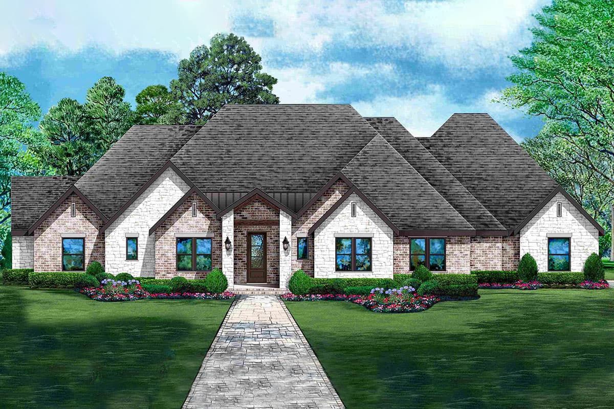House plan exterior with brick and stone facade. Features include multiple gables, a covered entry, and a multi-section roofline.