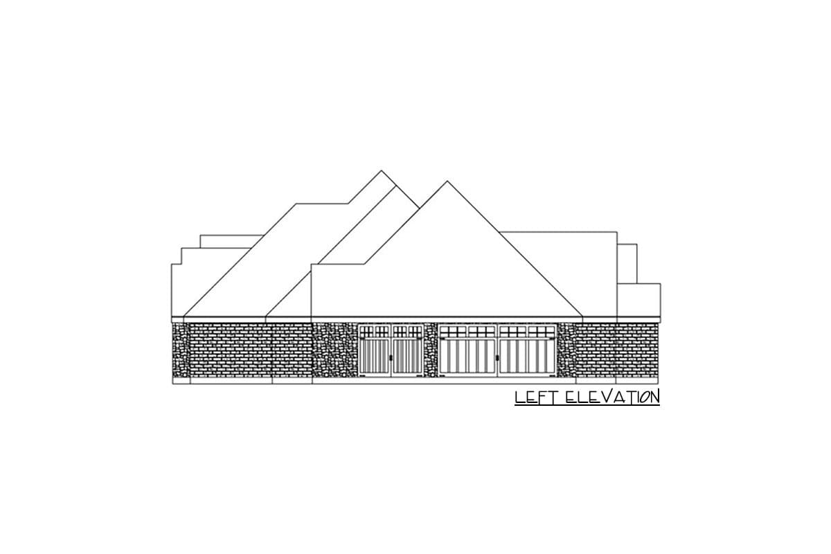 Left elevation of a house plan featuring a stone base, multiple gables, and a three-car garage.