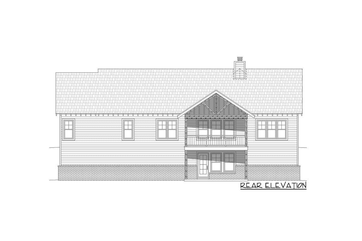 Rear elevation drawing of a house plan with a two-story covered porch, gabled roof, and dormer.