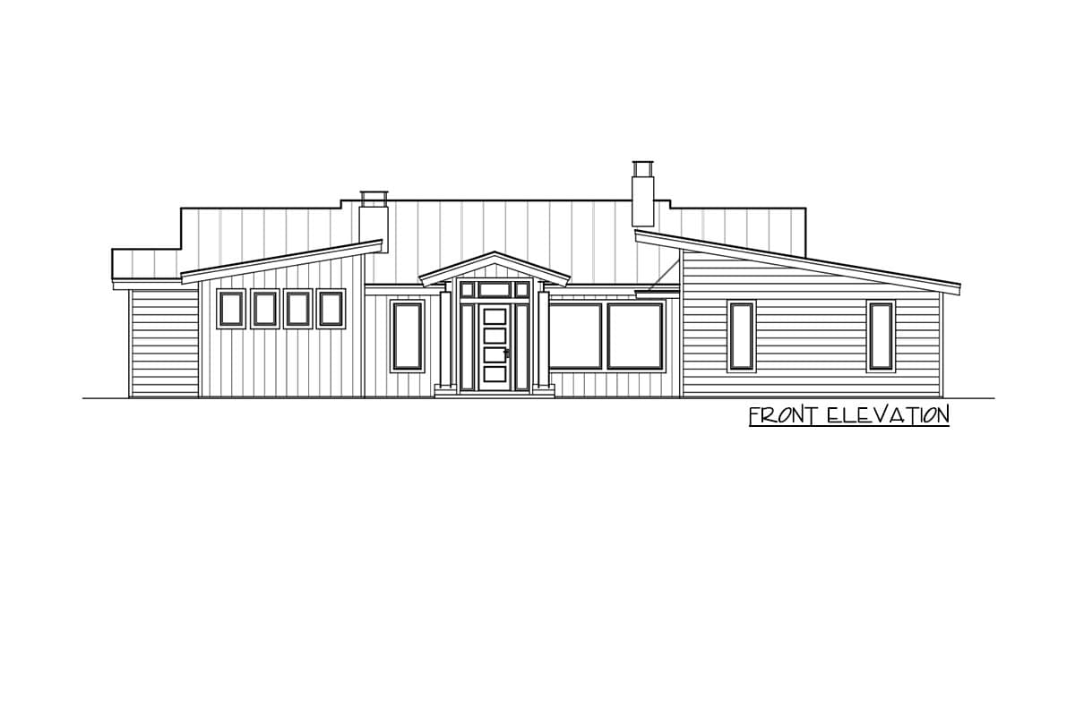 Front elevation of a single-story house plan with a modern asymmetrical roofline, prominent entryway, and horizontal siding.