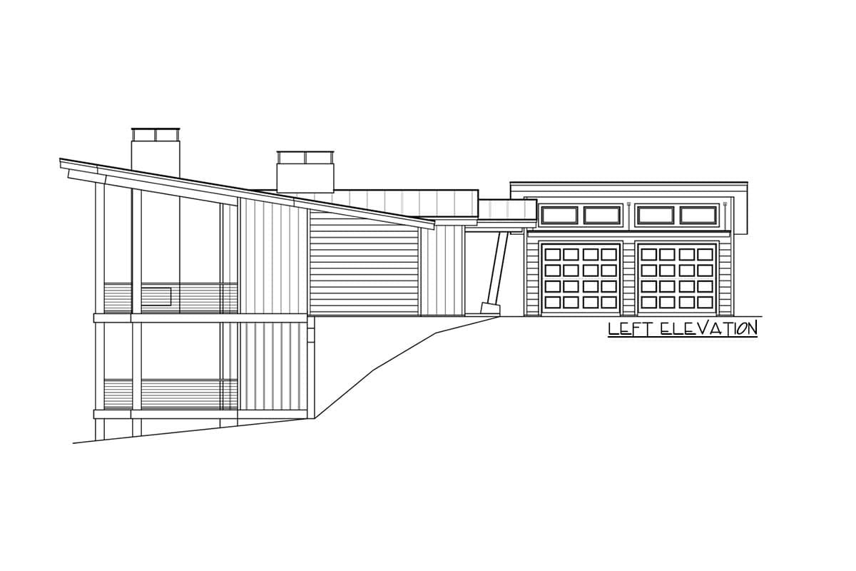 Left elevation drawing of a multi-story house with a sloped roof, two chimneys, and a double garage.