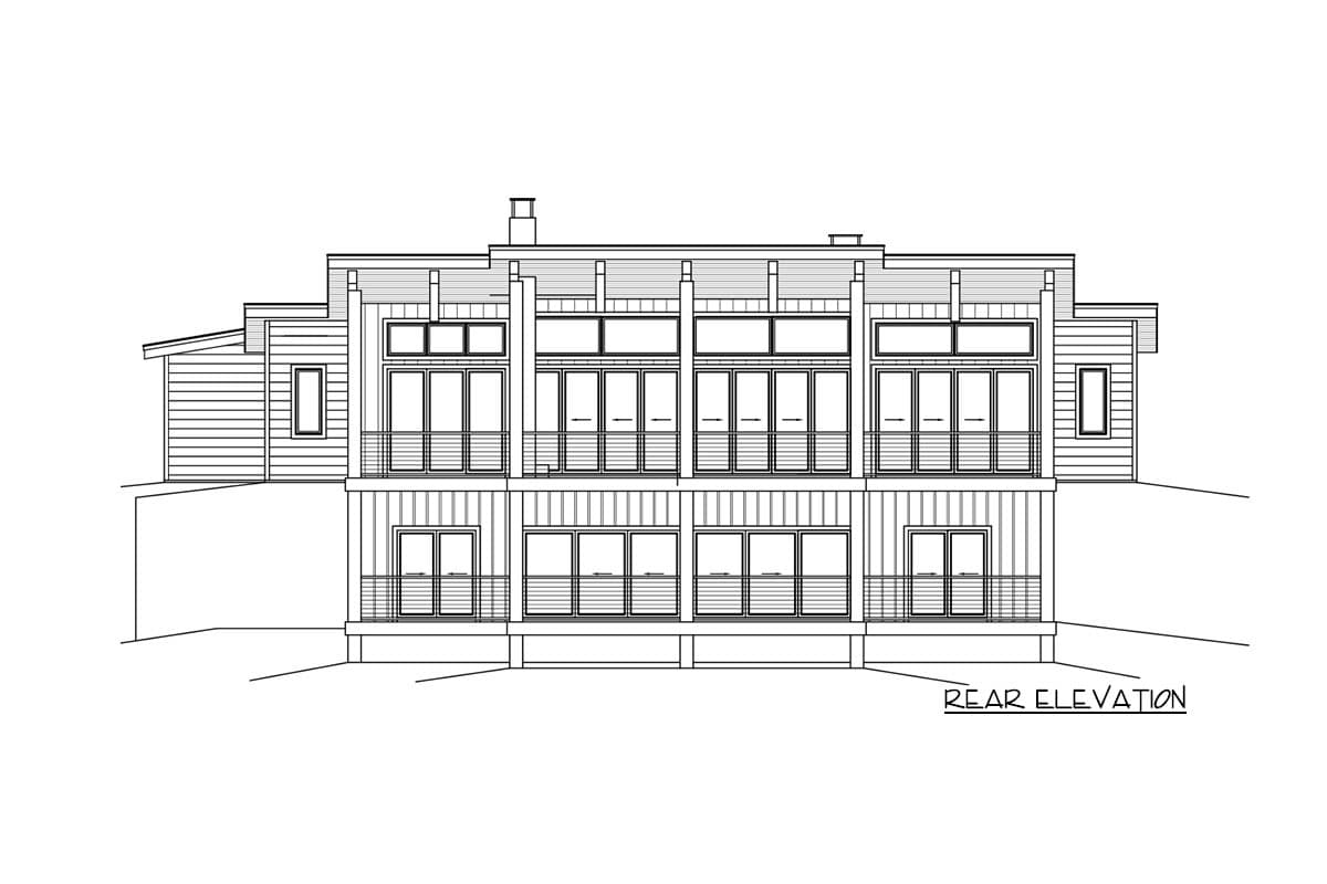 Rear elevation drawing of a multi-story house with horizontal siding, multiple balconies, and stacked windows.