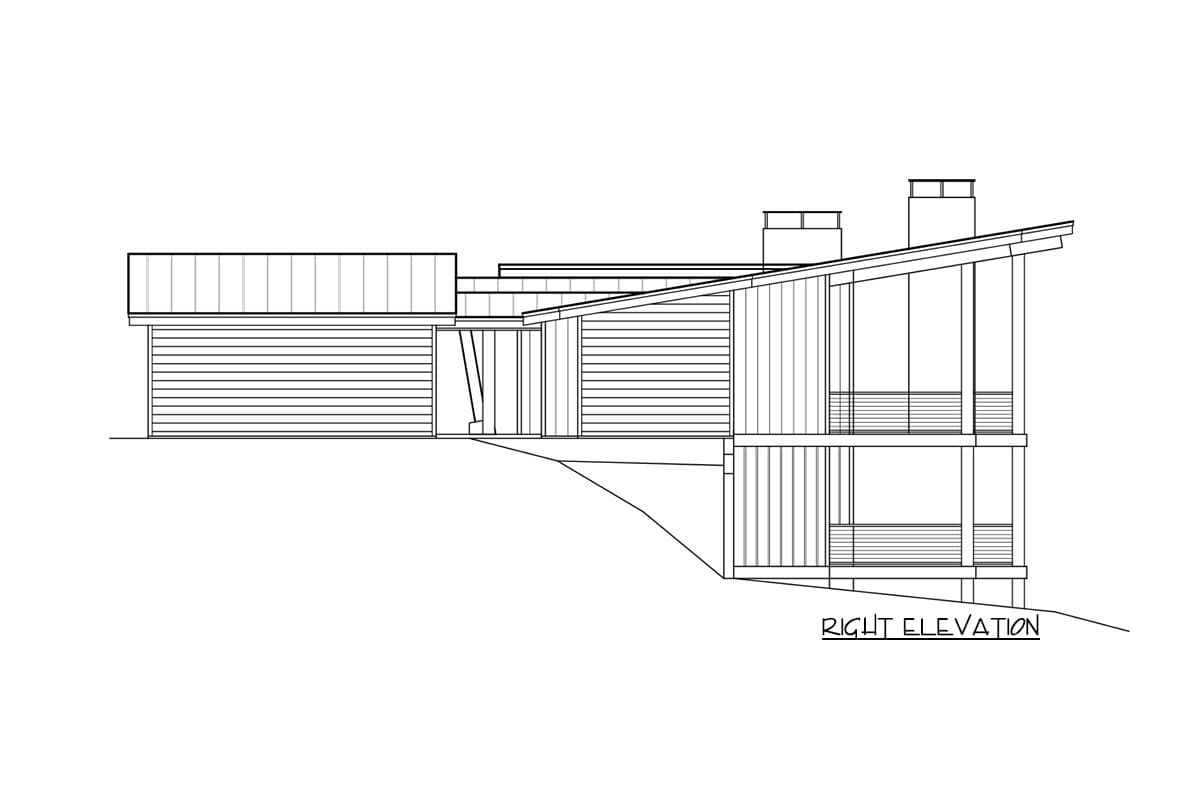 Right elevation drawing of a multi-story house with a garage, sloped rooflines, and two chimneys.