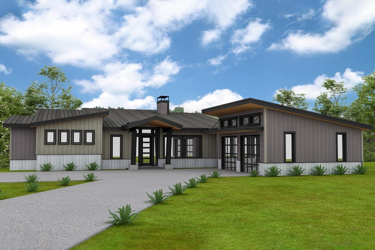 House plan exterior. Modern style, single-story house with a flat roof and shed roof sections. Features include a covered entry and a two-car garage.