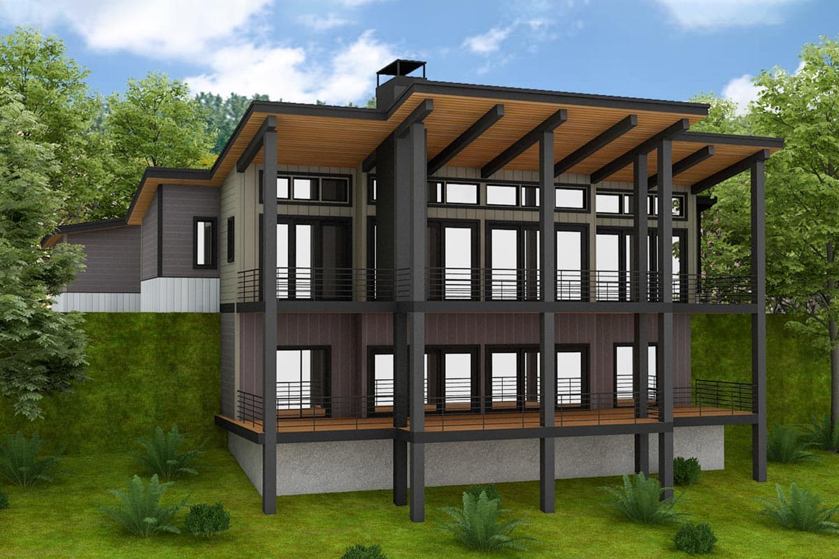 Modern house plan exterior with stacked levels, extensive windows, cantilevered rooflines, and multiple balconies.