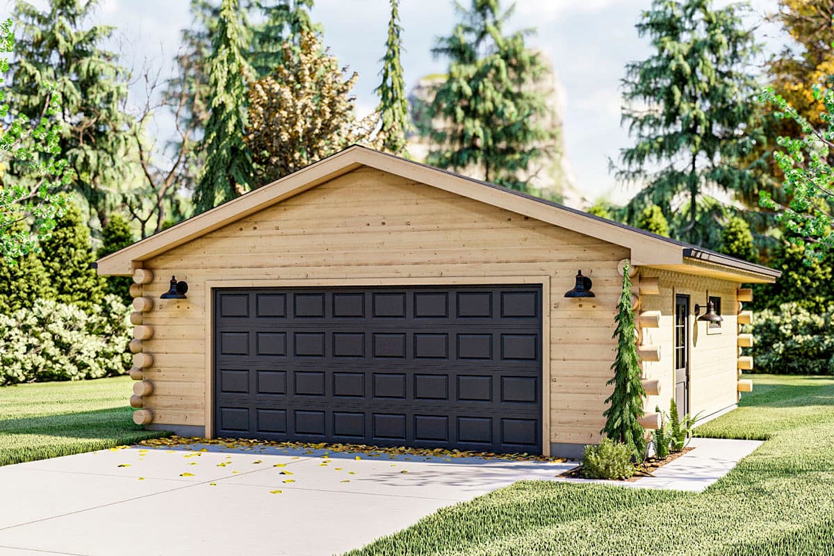 House plan exterior with log siding. Features include a gable roof, black garage door, and accent lighting. One story. Attached garage.