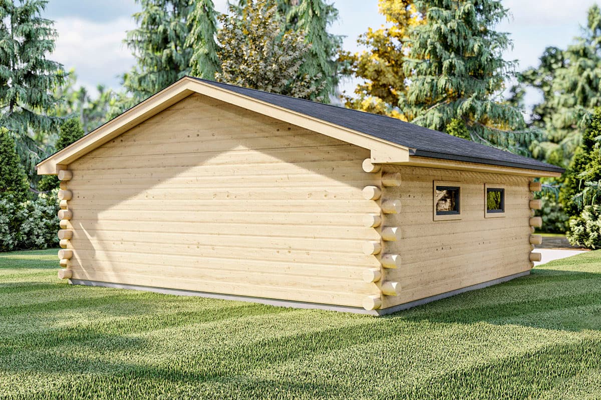 Log cabin exterior with gabled roof, two small windows on side elevation, and timber construction.