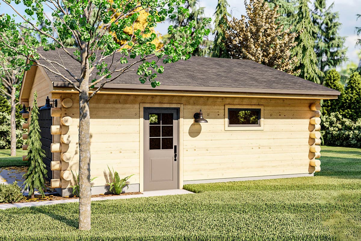 Log cabin house plan exterior with timber logs, single story, a front door, and one window.