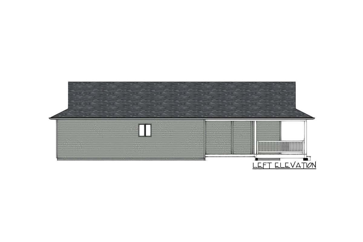 Left elevation of a single-story house plan with a covered porch and a small window.