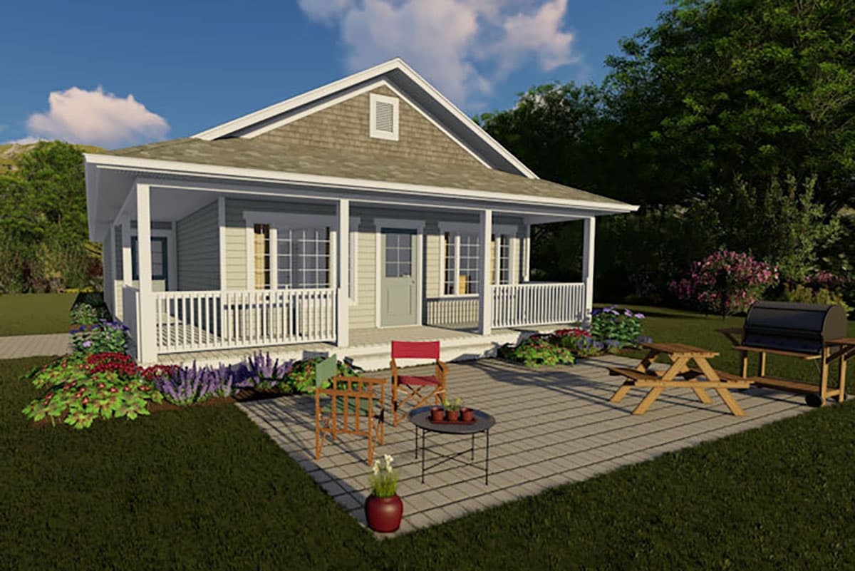 House plan exterior. One-story Cottage style home with gabled roof, front porch with railing, and a small gable dormer.