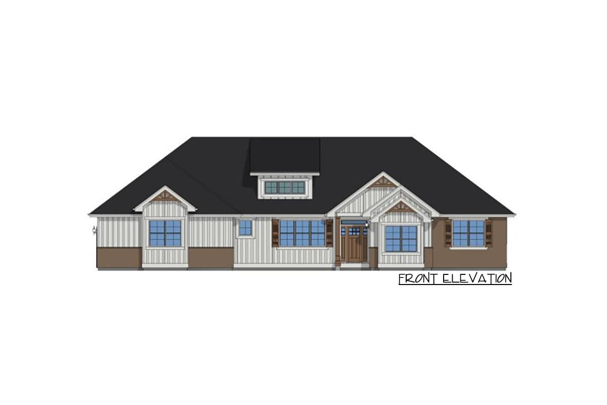 Front elevation house plan with a low-pitched hip roof, gables, dormer, and horizontal siding.